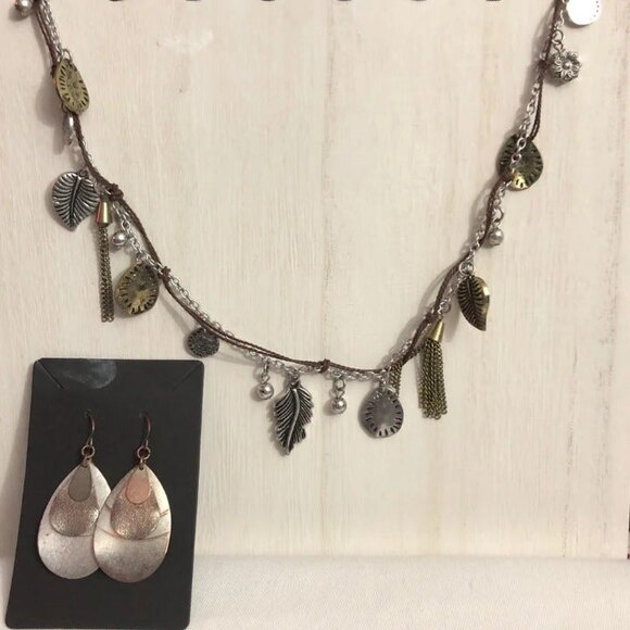 Long Charm Necklace & Teardrop Pierced Earrings Silver Gold - Picture 1 of 7